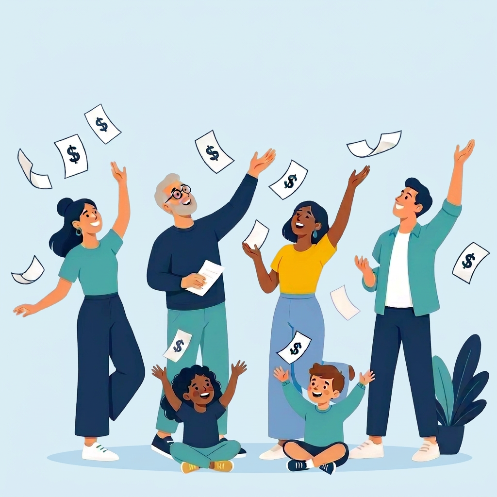 A mixed group of Australian adults tossing household bills into the air